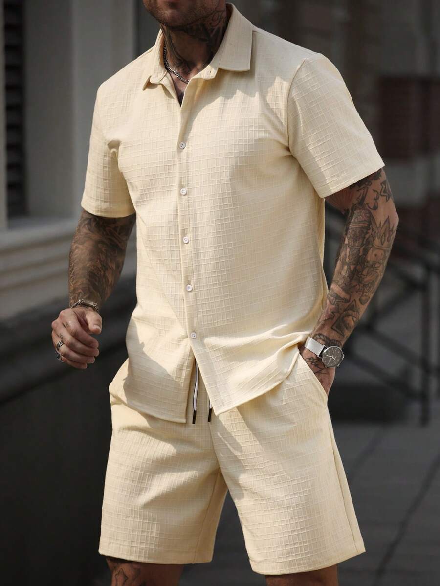 Manfinity Homme Men 2 Pieces Set: Short Sleeve Button Down Shirt With Shorts - Beige - View 1