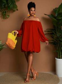 Maweii Plus Size Solid Color Off Shoulder Long Sleeve Elastic Waist Short Dress - Red - View 3