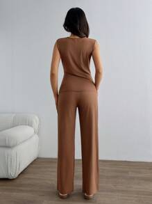 SHEIN Stile casual, colore lucido a costine, top con dettagli raccolti sui lati