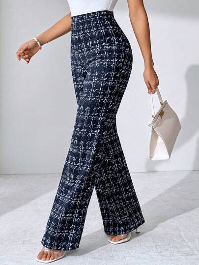 SHEIN Clasi Summer Elegant Women's Plaid Printed Elastic Knitted Pants, Suitable For Various Occasions, Suitable For Summer Vacation, Elegant Travel, And Daily Commuting Work Pants