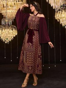 Al Najma Women's Elegant Printed Patchwork Cold Shoulder Halter Flare Sleeve Arabic Style Dress - Burgundy - View 3