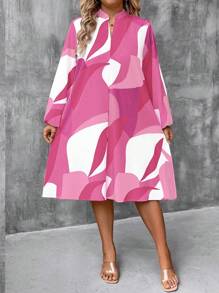 大码休闲长袖连衣裙，简约时尚，适合夏季 - 粉色 - 查看 3