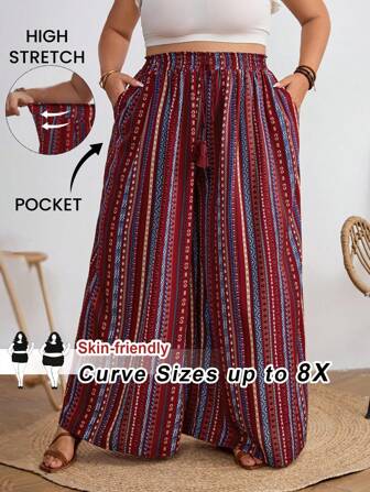SHEIN CURVE+ Plus Size Women's Striped Print Tassel Tie Waist Loose Wide Leg Summer Vacation Casual Pants Boho Vacation