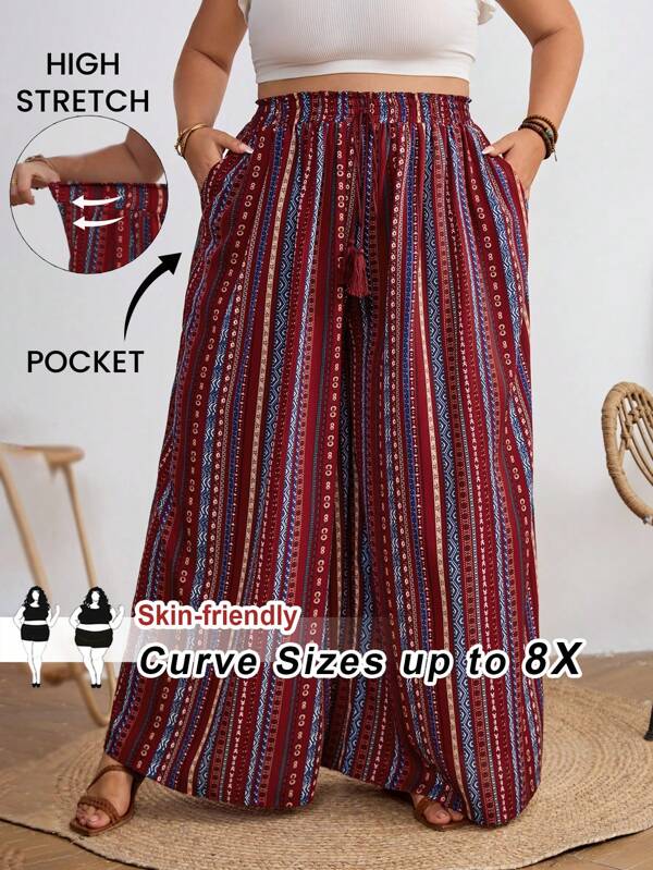 SHEIN CURVE+ Plus Size Women's Striped Print Tassel Tie Waist Loose Wide Leg Summer Vacation Casual Pants Boho Vacation
