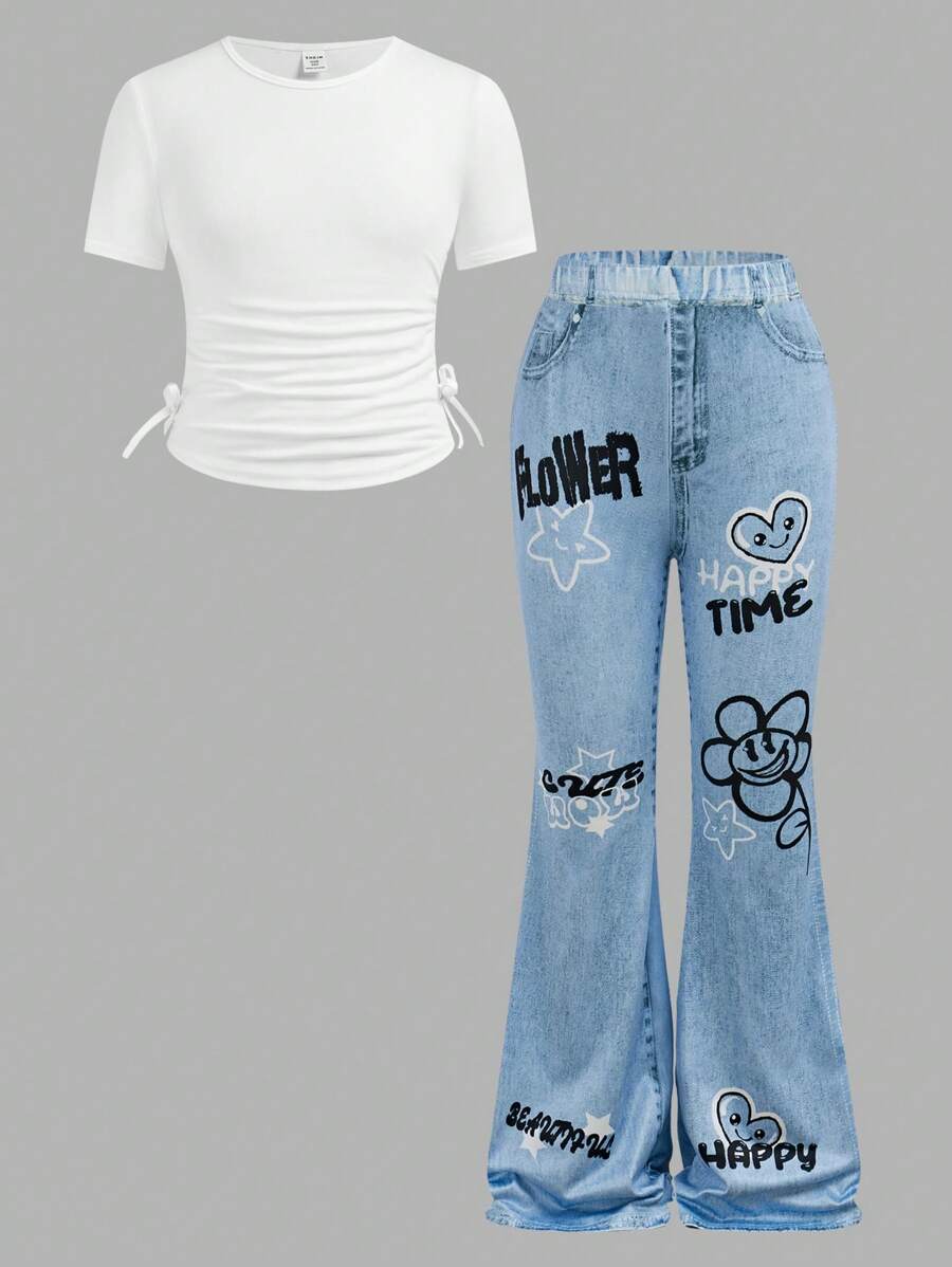 2 件套 Tween 女童休闲圆领套头衫，腰部荷叶边和裤子套装 - 淺藍色 - 查看 1