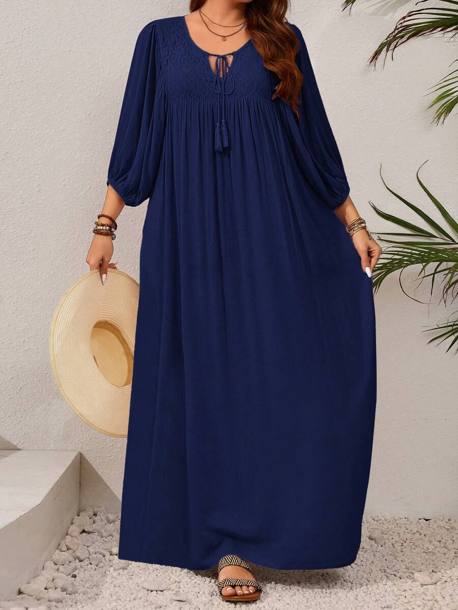 EMERY ROSE Plus Size Loose Lantern Sleeve Solid Color Dress, Casual Holiday Style Flowy Dress - Navy Blue - View 1