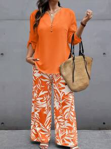 Plus Size Women 2pcs/Set Solid V-Neck Cuffed Sleeve Shirt & Tropical Plant Print Pants, Leisure Outfit For Autumn Blouse And Pants Casualpair Pants And Blouseblouse And Pants Setpants And Blouse Setblouse And Pants