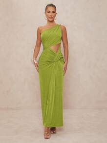 Lumalex 1 chiếc váy bó sát xoắn kim loại trang trí cho nữ có một bên vai - màu xanh lá - Xem 4