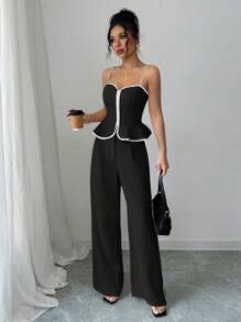 Elenzga 2pcs/Set Women Elegant Trim Contrast Color Cami Top And Long Pants - Multicolor - View 5