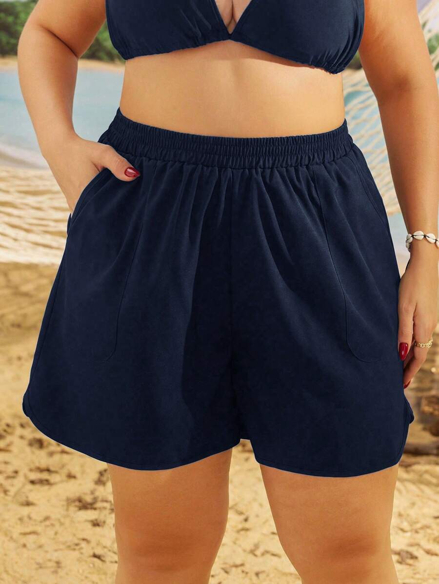 Swim Lushoire Plus Size Summer Holiday Beach Slant Pocket Elastic Waist Boardshorts Black Shorts Womenwomen Sports Shortsbeach Shorts