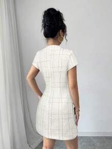 Elenzga 优雅法式格子花呢口袋装饰紧身迷你连衣裙