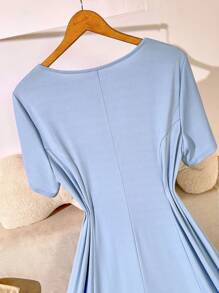 Flirla Plus Size Women Elegant Crew Neck Short Sleeve Minimalist Charming Date/Casual Cinched Waist Dress, Summer - Blue - View 3