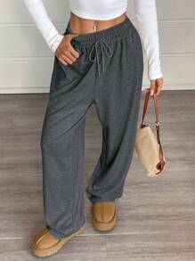 SHEIN EZwear Pantalones de chándal sueltos de unicolor con cordón en la cintura para mujer
