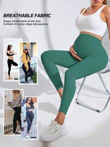SHEIN Maternity Solid Color High Waist Seamless Yoga Leggings - Green - View 2