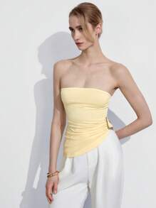 Lumivelle 女士百搭夏季短款上衣，采用褶皱设计，金属扣装饰和不对称下摆 - 黃色 - 查看 1