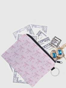 ROMWE Kawaii Pink Ribbon Design Polyester Portable Zipper Coin Purse, Ladies Small Change Wallet, Holiday Gift - Pink - View 4