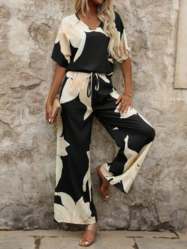 SHEIN Clasi 2 buc/Set, cu decolteu în V, cu mâneci scurte și pantaloni lungi, set de modă minimalistă casual pentru vară