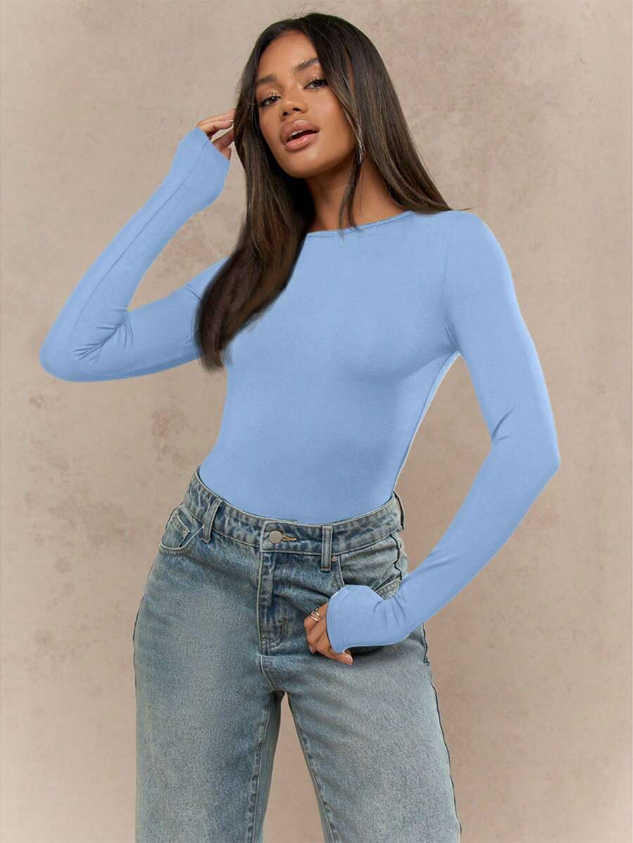 MISSGUIDED Body ceñido de manga larga, cuello redondo, acanalado, top atlético para baile, entrenamiento y yoga, elástico, leotardo básico casual para otoño e invierno - Celeste - Ver 1