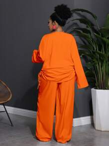 Slaydiva 2pcs Plus Size Casual Solid Color Notched Collar Long Sleeve & Pants Set, Western Wear For Women