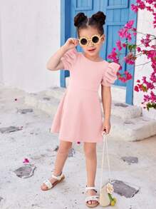 Young Girl Casual Solid Color Round Neck Short Sleeve Backless Mini Dress - Pink - View 3