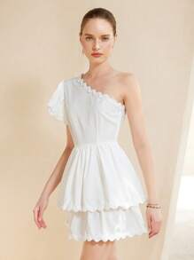 Aveloria Rosie Shoulder Strap Floral Lace Splice Solid Color Short Sleeve Dress Elegant FashionableOld Money Style  ROMANTIC Style Inspiration For Summer - White - View 5