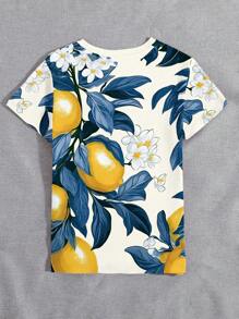 INAWLY Camiseta de manga corta de cuello redondo con estampado de limones y flores, informal, para verano