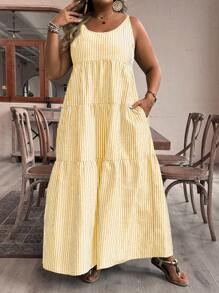 SHEIN VCAY Plus Size Casual Striped Sleeveless Dress,Beach Dress Sundress,Holiday Outfits Boho