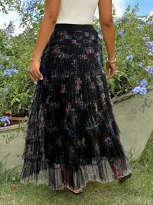 Elenzga 大码花卉印花褶饰渐变下摆半身裙，情人节 - 彩色 - 查看 2