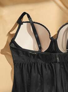 Charlaine Women's Sexy Nightgown (Lingerie Dress, Padded Cups + Underwired, Lace Patchwork) - Black - View 7