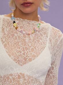 COUREZ Weißes spitzenbesetztes langärmliges Top, Sommeroutfit für Frauen/Y2K/Lässig Beach Urlaubs Resort Vintage - Weiss - Übersicht 6