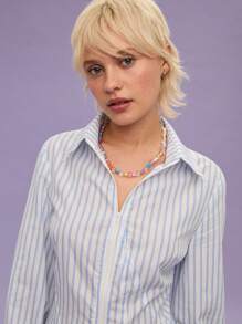 COUREZ Dopasowana koszula w paski z długim rękawem i zamkiem błyskawicznym, letnie bluzki / Letnie stylizacje dla kobiet / Uliczny casual / Czas wolny, festiwal muzyczny, bawełna vintage Y2K - Niebieski i biały - Zobacz 4