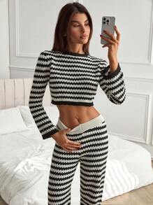 EURMUSE Women's 2-Piece Crochet Knitwear Set – Boho Diamond Pattern Long-Sleeve Top With Bell Sleeves And Matching Cropped Pants, Lightweight And Breathable Design For Summer Elegance,Petite Co Ord,Co Ord,Petite,Winter Clothes - Black and White - View 4