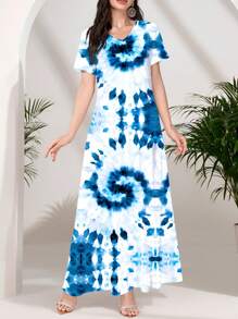 Mulvari Women's White V-Neck Spring/Summer Knit Short Sleeve Printed Dress, Can Be Worn As Outerwear Or As A Slip Dress, Casual/Work Dress, Featuring A Beautiful Vibrant Blue Tie-Dye Floral Pattern, Suitable For Dates, Everyday, Casual, Parties, Holidays, Spring/Summer Women's Clothing,Women Dresses Vacation Butterfly Dress Women Women Dresses Elegant Gown Women Dress Women Elegant Dresses