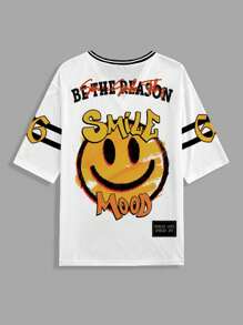 Slaydiva 2025春夏女装休闲极简主义“微笑心情”粉笔涂鸦笑脸印花V领宽松T恤针织衫锐舞T恤伊比沙岛乡村音乐会T恤纳什维尔T恤 - 白色 - 查看 4