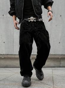 Manfinity EMRG Men's Frayed Hem Loose Relaxed Fit Versatile Wide Leg Jeans - Black - View 7