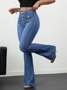 SHEIN Tall CURVE Tall Plus Size Women Vintage Blue Denim Flare Pants Valentine Day Mardi Grasold Money Style Women Flared Jeans - Medium Wash - View 4