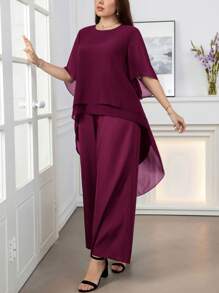 SHEIN Clasi 大码女式纯色高低下摆宽松衬衫和裤子两件套