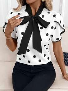 SHEIN Clasi Summer Women's Elegant Polka Dot Print Contrasting Lace Up Petal Sleeve Blouse, Suitable For Various Occasions - Black and White - View 3
