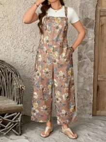 SHEIN LUNE Plus Size Women's Floral Print Pocket Wide Leg Jumpsuit Overalls, Western Wear Women, Boho, Hippie, Cowgirl Outfit, Bohemian,Summer Outfits For Women, Concert Outfit Women, Rave Outfits Festival, Spring Break Outfits Summer Outfits For Women Spring Break Rave Outfits Festival Spring Break Outfits - Brown - View 1