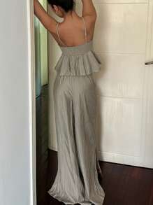 DAZY Women's Minimalist Vacation Style Textured Fabric Ruffle Strap Jumpsuit Pajama Set - Khaki - View 2