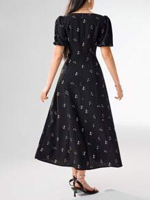 Heiryn Women's Floral Print Square Collar Puff Sleeve Dress, Elegant - Black - View 6