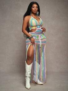 Slaydiva Plus Size Women Colorful Halter-Neck Crocheted Flounced Hem Bodycon Dress - Multicolor - View 3