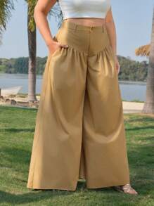 SHEIN MOD Plus Size Patchwork Wide Leg Pants For Women,Khaki,Autumn,Smart Casual,Vacation,Holiday,Casual Beach Pants For Graduation,Airport,Commute&Cruise Wear - Khaki - View 3