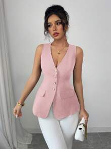 Elenzga Camicia elegante da donna senza maniche e senza colletto, casual e adatta per l'ufficio, di colore unito con scollo a V, decorazioni con bottoni effetto perla, aderente