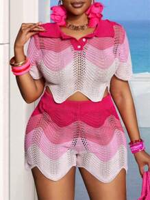 Slaydiva Plus Size Women Pink Ombre Short Knit 2Pcs Set (Top+Shorts), Casual Holiday Wear, Spring/Summer - Pink - View 1