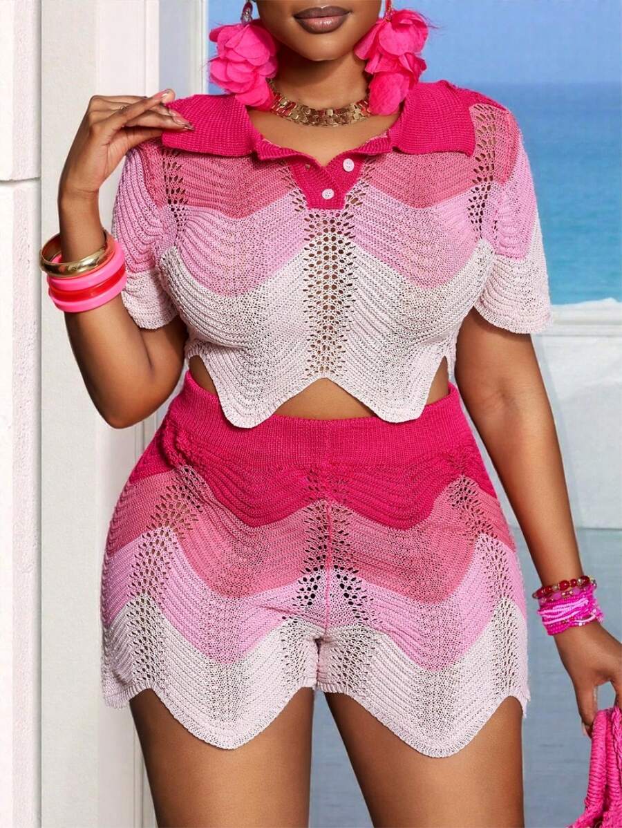 Slaydiva Plus Size Women Pink Ombre Short Knit 2Pcs Set (Top+Shorts), Casual Holiday Wear, Spring/Summer - Pink - View 1