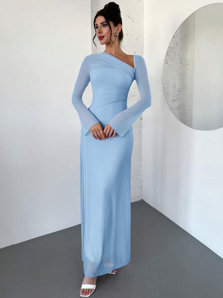 Firerie Women's Pink Asymmetrical Shoulder Mesh Long Sleeve Dress, Elegant For Work, Party, Vacation, Spring/Summer/Autumn Dresses For Wedding Event - Baby Blue - View 3
