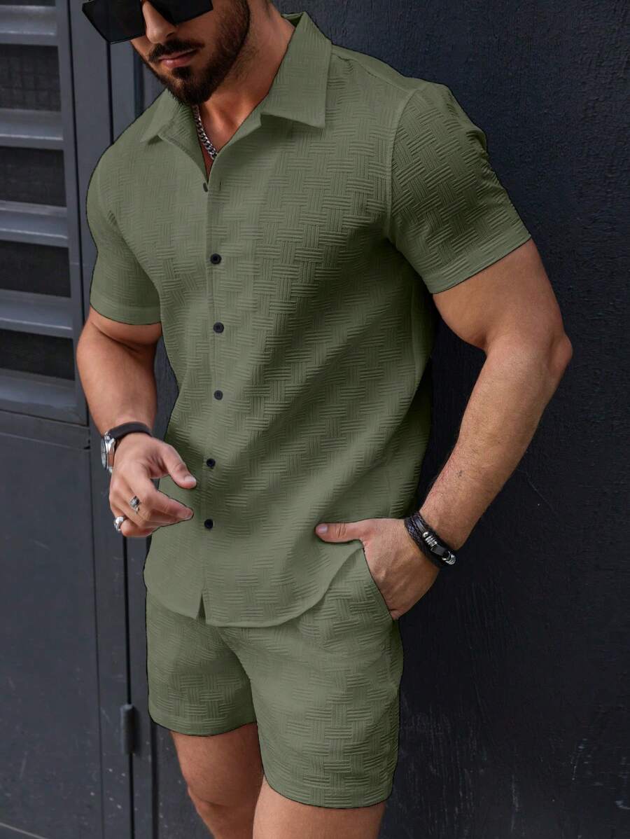 Manfinity Homme 2pcs/Set Men's Solid Color Short Sleeve Single-Breasted Shirt & Shorts Casual Outfit - Army Green - View 1