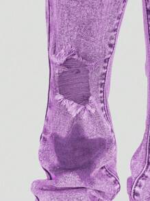 SHEIN Young Girl' Medium Wash Blue Flare Leg Distressed Jeans With Star Embroidery Patches - Purple - View 6