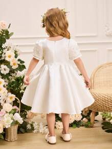 SHEIN Glamorique Kids Young Girl White Pearl Decor Round Neck Short Puff Sleeve Mini Dress, Ideal For Wedding Season Young Girls Clothing Dresses Young Girl Dress Formal - White - View 2